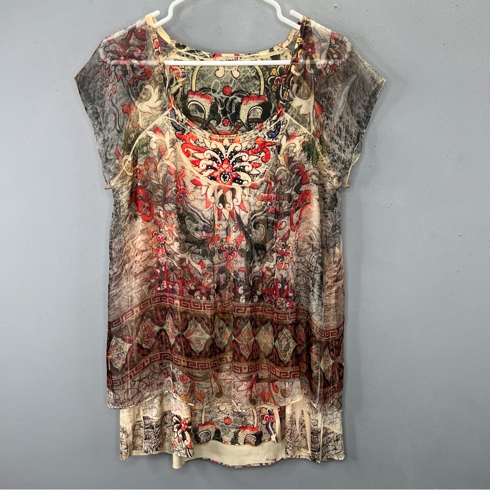One World Boho Sheer Layered Top M Tan Coral Black Beaded Flowy Fairy Y2K
